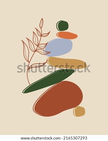Vector balanced pebbles with leaves isolated on beige background.