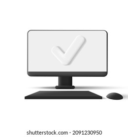 Vector balck monitor with keyboard and computer mouse 3d render illustration with white screen and tick on it