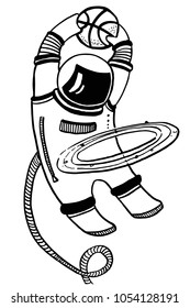 Vector balck and white cartoon illustration with asronaut playing basketball in space with planet ring on white background