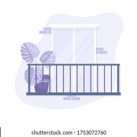 Vector balcony design on isolated white background. Purple pastel colors. White glass door with a flower and bricks. Color stock illustration without people in a flat style. Front view of the terrace
