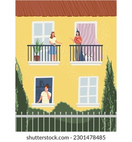 Vector balcony window with people on quarantine