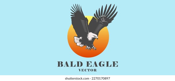 Vector bald eagle with raised wings on the background of the sun. Logo, sticker or emblem. Isolated background.