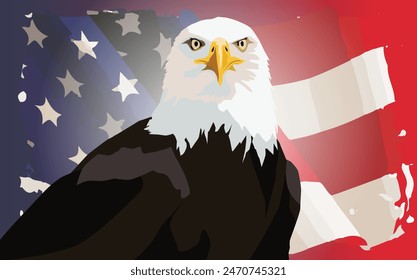 vector bald eagle is a symbol of freedom spirit in the United States america flag fluttering background