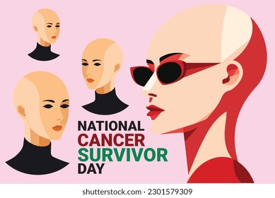 vector of bald women half body with bold text national cancer survivor day isolated on soft pink background