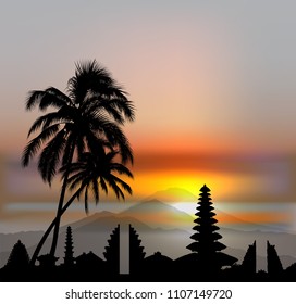 Vector Bali skyline with temples and three volcanos on sunset sky