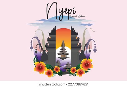 vector bali temple sunrise sunset view cloudy hills and flowers and plants and bali traditional flag and bali penjor celebration nyepi day of the silence hindu balinesse day