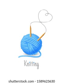 Vector ball of blue colored yarn and bamboo knitting needles with form of heart isolated