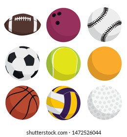 Symbole für Vektorballspiele, die in einem selben Rahmen festgelegt sind, z. B. Bowling, Tennis, American Football, Fußball, Golf, Basketball, Volleyball, Billard, Vektorball-Ikonen für Baseball-Sportbälle