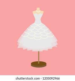 Vector Of Ball Gown on Hanger. Illustration on Pink Background. White Dress.
