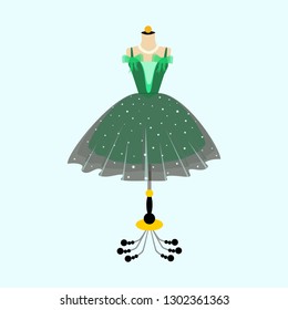 Vector of ball gown on mannequin. Black and green party dress. Fashion illustration.