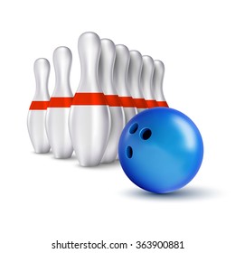Vector ball and pins of bowling. Realistic isolated objects on the white as design elements.