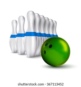 Vector ball and pins of bowling. Realistic isolated objects on the white as design elements.