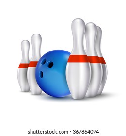 Vector ball and pins of bowling. Realistic isolated objects on the white as design elements.