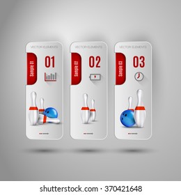 Vector ball and pins of bowling. Realistic objects on the gray banners as design elements.