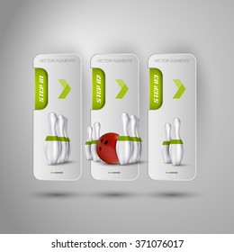 Vector ball and pins of bowling. Realistic objects on the gray banners as design elements.