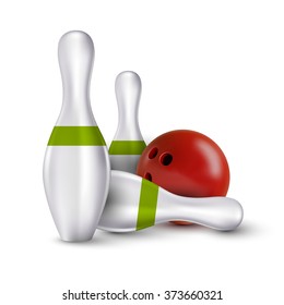 Vector ball and pins of bowling. Realistic isolated objects on the white as design elements.