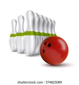 Vector ball and pins of bowling. Realistic isolated objects on the white as design elements.