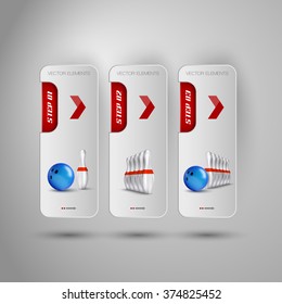 Vector ball and pins of bowling. Realistic objects on the gray banners as design elements.