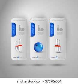Vector ball and pins of bowling. Realistic objects on the gray banners as design elements.