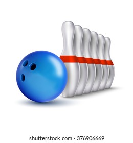 Vector ball and pins of bowling. Realistic isolated objects on the white as design elements.