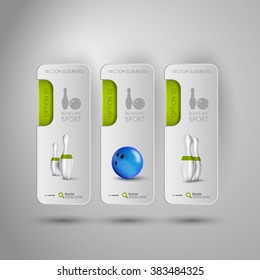 Vector ball and pins of bowling. Realistic objects on the gray banners as design elements.