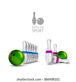 Vector ball and pins of bowling. Realistic isolated objects on the white as design elements.