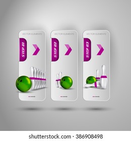 Vector ball and pins of bowling. Realistic objects on the gray banners as design elements.