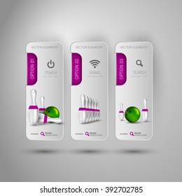 Vector ball and pins of bowling. Realistic objects on the gray banners as design elements.