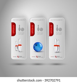 Vector ball and pins of bowling. Realistic objects on the gray banners as design elements.