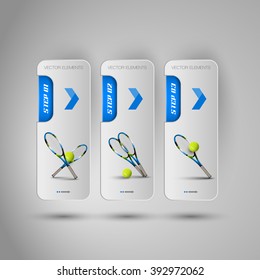 Vector ball and racket of tennis. Realistic objects on the gray banners as design elements.