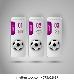 Vector ball of soccer. Realistic football on the gray banners as design elements. Fottballs theme.