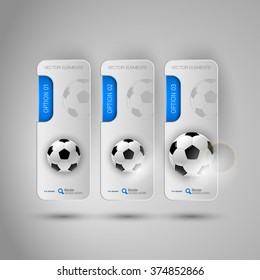 Vector ball of soccer. Realistic football on the gray banners as design elements. Footballs theme.