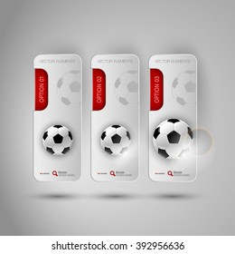 Vector ball of soccer. Realistic football on the gray banners as design elements. Footballs theme.