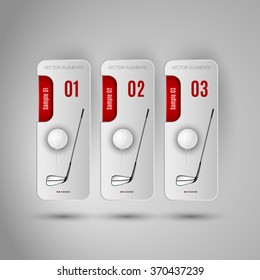 Vector ball and stick of golf. Realistic golf objects on the gray banners as design elements.