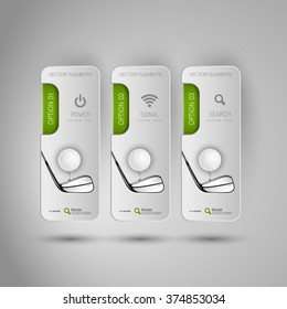 Vector ball and stick of golf. Realistic golf objects on the gray banners as design elements.