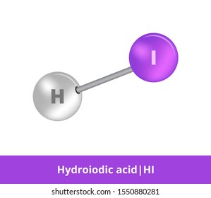 Vector ball-and-stick icon of hydroiodic acid or hydrogen iodide HI structure consisting of iodine and hydrogen. Structural formula suitable for education isolated on a white background.