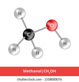 Vector ball-and-stick model of alcohol substance. Icon of methanol or methyl alcohol molecule consisting of carbon, hydrogen and oxygen. Structural formula suitable for education isolated on white.