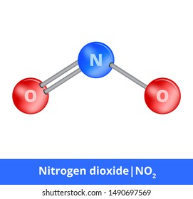 Vector ball-and-stick model of chemical substance. Icon of nitrogen dioxide molecule NO2 consisting of nitrogen and oxygen. Structural formula with double and one single bond isolated on white.