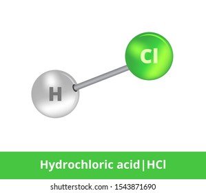 Vector ball-and-stick model of mineral acid. Icon of hydrochloric acid HCl structure consisting of chlorine and hydrogen. Structural formula suitable for education isolated on a white background.