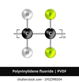 Vector ball-and-stick model of thermoplastic fluorocarbon polymer polyvinylidene fluoride PVDF. Fluoropolymer, a product of polymerization of vinylidene difluoride. The icon is isolated on white.