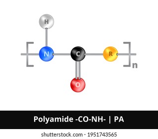 Vector ball-and-stick model of thermoplastic polymer polyamide or nylon -CO-NH-, PA linked by amide bonds. The icon is isolated on white background. Polyamides are made from amine and carboxylic acid.