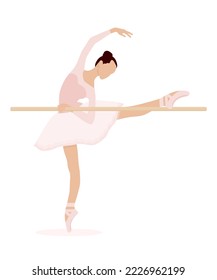 Balerina vectora haciendo ejercicios de estiramiento en el ballet barre. Joven bailarina de ballet. Bailarina elegante con traje de tutu rosa, bailando con zapatos de punta aislados en diez blancas