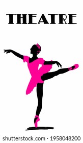 Vector of Ballerina. Drawing of a young graceful ballet dancer dressed in a professional outfit. The beauty of classical ballet. Ballet dancer sketch drawing. Inscription of Theatre 