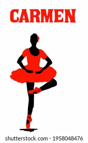 Vector of Ballerina. Drawing of a young graceful ballet dancer dressed in a professional outfit. Classical ballet dancer. Ballet dancer sketch drawing. Red Inscription of Carmen 