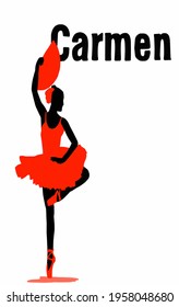 Vector of Ballerina. Drawing of a young graceful ballet dancer dressed in a professional outfit. Classical ballet dancer. Ballet dancer sketch drawing. Inscription of Carmen 