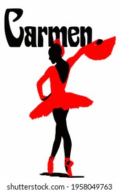 Vector of Ballerina. Drawing of a young graceful ballet dancer dressed in a professional outfit. The beauty of classical ballet. Ballet dancer sketch drawing. Black Inscription of Carmen
