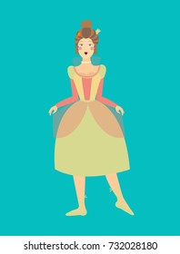 Vector ballerina flat princess or queen, wooden retro toy from Russian ballet, isolated on blue.
