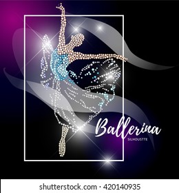 Vector ballerina silhouette isolated on black background. Dancing lady figure. Rhinestone pattern. Crystal jewelry young girl portrait, ballet illustration picture. Card design.