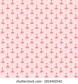 Vector ballerinas seamless pattern on pastel pink background with hearts, little gymnastics in tutus, childish pattern for textie, wrapping paper and print