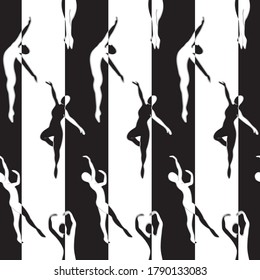 Vector Ballet Dancers in Black and White on Stripes Seamless Repeat Pattern. Background for textiles, cards, manufacturing, wallpapers, print, gift wrap and scrapbooking.